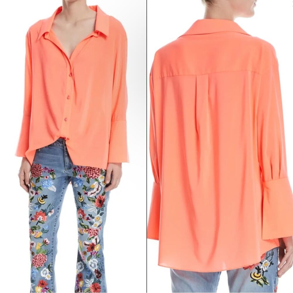 Alice + Olivia Denver Open-Neck Button-Front Oversized Blouse